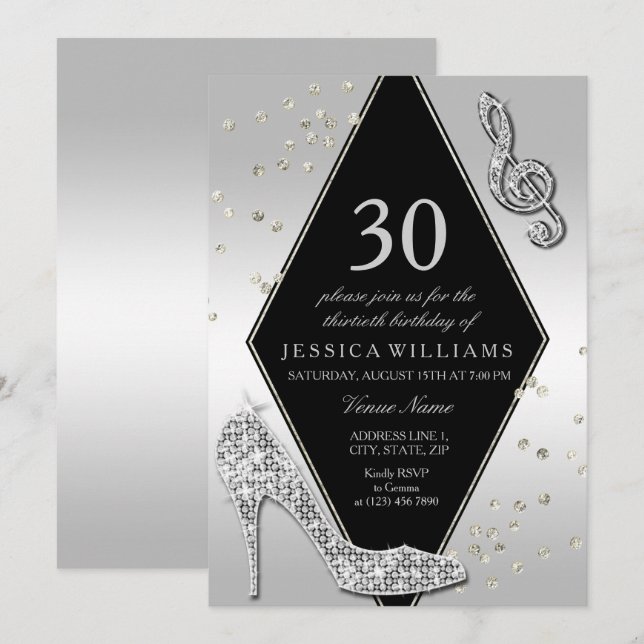 Invitación Cumpleaños 30 elegante con estilo plateado (Anverso / Reverso)