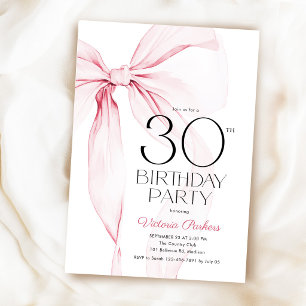 Invitación Cumpleaños 30 Elegante Coqueta Lazo Rosa