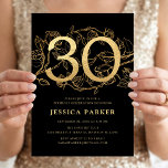 Invitación Cumpleaños 30 Elegante Dorado Negro<br><div class="desc">Invitación de cumpleaños 30 elegante dorado negro. Diseño femenino moderno personalizable con rosas acentos botánicos y falso brillo dorado. Tarjeta de invitación floral simple perfecta para una celebración de cumpleaños femenina con estilo. Personaliza con tus propios detalles. Invitaciones impresas de Zazzle o plantilla digital descargable instantánea.</div>