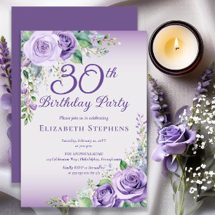 Invitación Cumpleaños 30 Elegante Flor de Rosa Púrpura Lavand