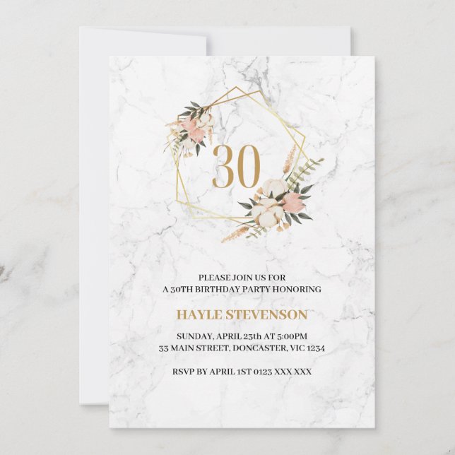 Invitación Cumpleaños 30 Elegante Floral Rosa Mármol (Anverso)