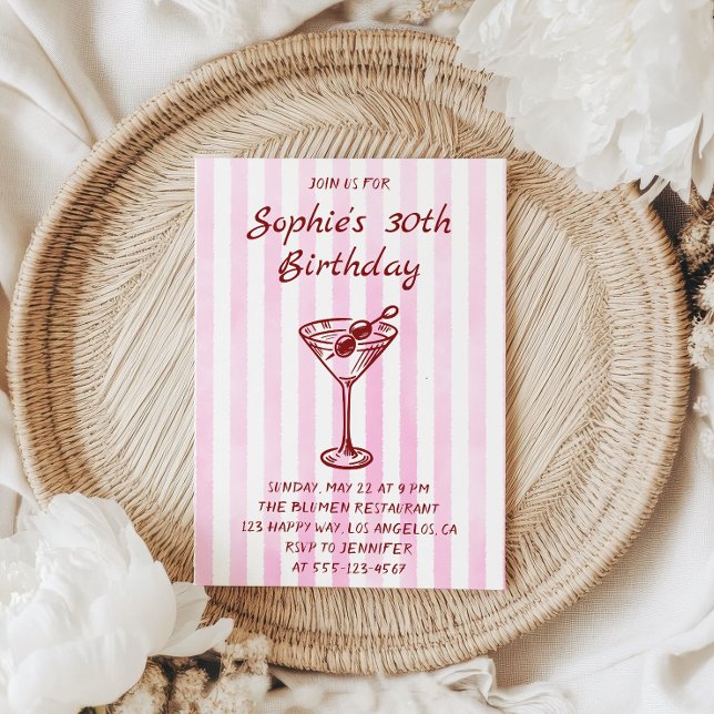 Invitación Cumpleaños 30 Elegante Martini con Rayas Rosadas (Subido por el creador)