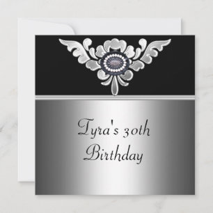 Invitación Cumpleaños 30 Elegante Negro Plata Blanco Joya