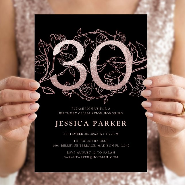 Invitación Cumpleaños 30 Elegante Rosa Oro Negro (Subido por el creador)