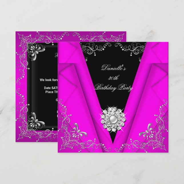 Invitación Cumpleaños 30 Elegante Rosa Plata Negro (Anverso / Reverso)