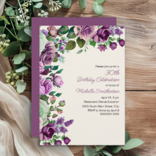 Invitación Cumpleaños 30 Elegante Verde Menta Floral Púrpura