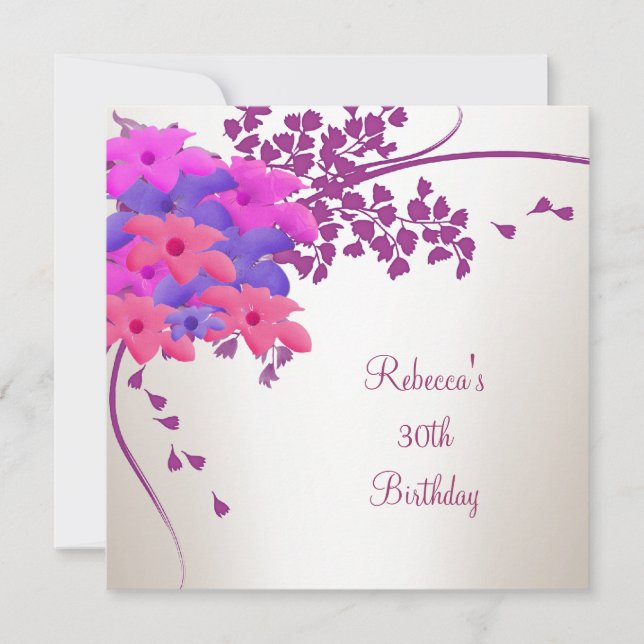 Invitación Cumpleaños 30 Elegantes Flores Blancas Rosadas Pur (Anverso)