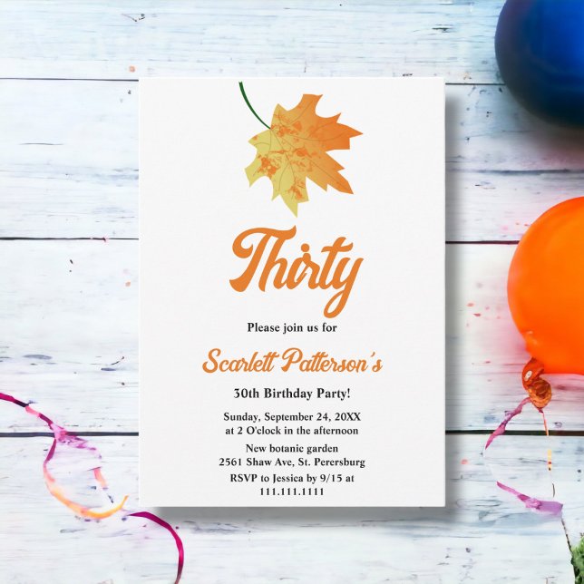 Invitación Cumpleaños 30 Elegantes Hojas de Otoño Naranja (Subido por el creador)