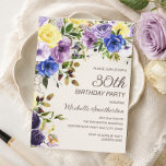 Invitación Cumpleaños 30 en acuarela floral amarillo púrpura<br><div class="desc">Hermosa invitación de cumpleaños número 30 de acuarela floral botánica amarilla y púrpura para mujeres. El texto está en una elegante fuente de pincel caligráfico y está alineado en el lado derecho de la tarjeta. Esta invitación de cumpleaños es perfecta para su celebración de primavera o verano. Contácteme para obtener...</div>