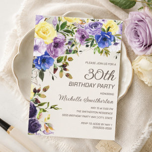 Invitación Cumpleaños 30 en acuarela floral amarillo púrpura