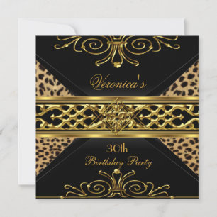 Invitación Cumpleaños 30 en oro negro Arte Deco Leopardo