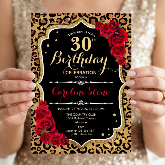 Invitación Cumpleaños 30 - Estampado de leopardo con rosas ro (Subido por el creador)