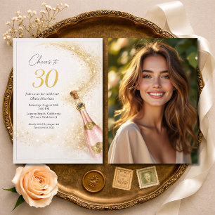 Invitación Cumpleaños 30 Feliz Foto Rosa Champagne Dorado