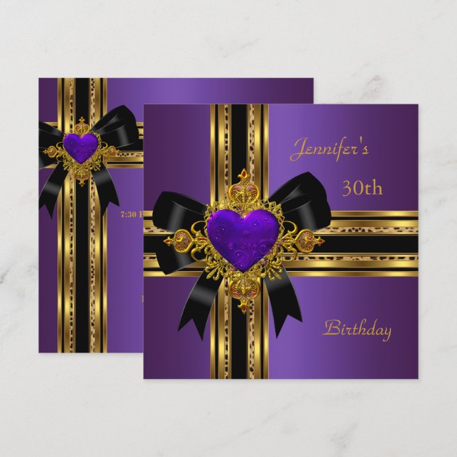 Invitación Cumpleaños 30 Fiesta Corazón Morado Dorado Joya Ro (Anverso / Reverso)