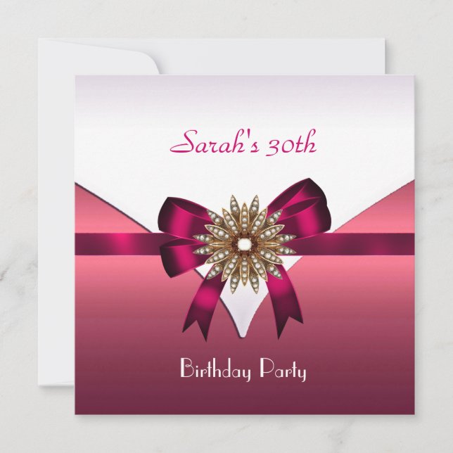 Invitación Cumpleaños 30 Fiesta Joya Lazo Blanco Rosa (Anverso)