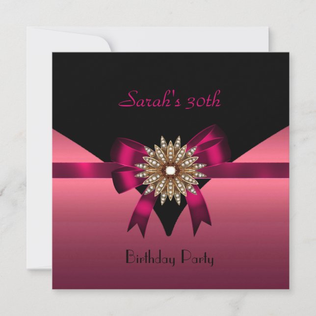 Invitación Cumpleaños 30 Fiesta Joya Lazo Negro Rosa (Anverso)