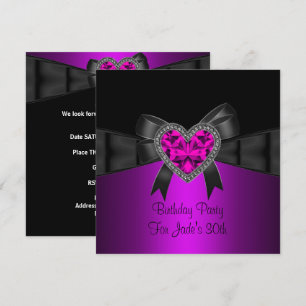 Invitación Cumpleaños 30 Fiesta Púrpura Rosa Corazón Joya Neg
