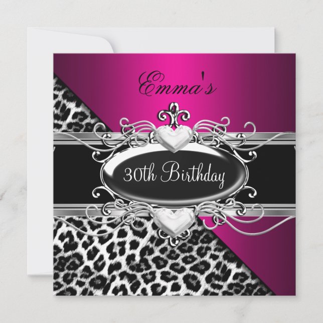 Invitación Cumpleaños 30 Fiesta Rosa Plateado Negro Blanco Le (Anverso)