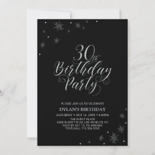 Invitación Cumpleaños 30   Fiesta Silver & Black Moderno Chic