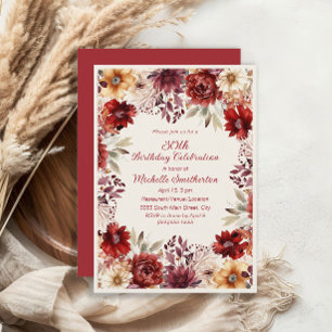 Invitación Cumpleaños 30 Floral Acuarela Crema Borgoña
