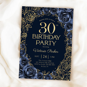Invitación Cumpleaños 30 Floral Azul Marino Oro