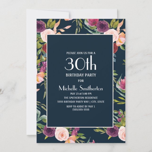 Invitación Cumpleaños 30 Floral Rosa Borgoña Azul (Anverso)
