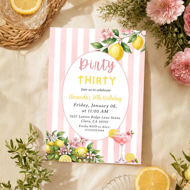 Invitación Cumpleaños 30 Frescamente Limon Floral Rosa (Subido por el creador)