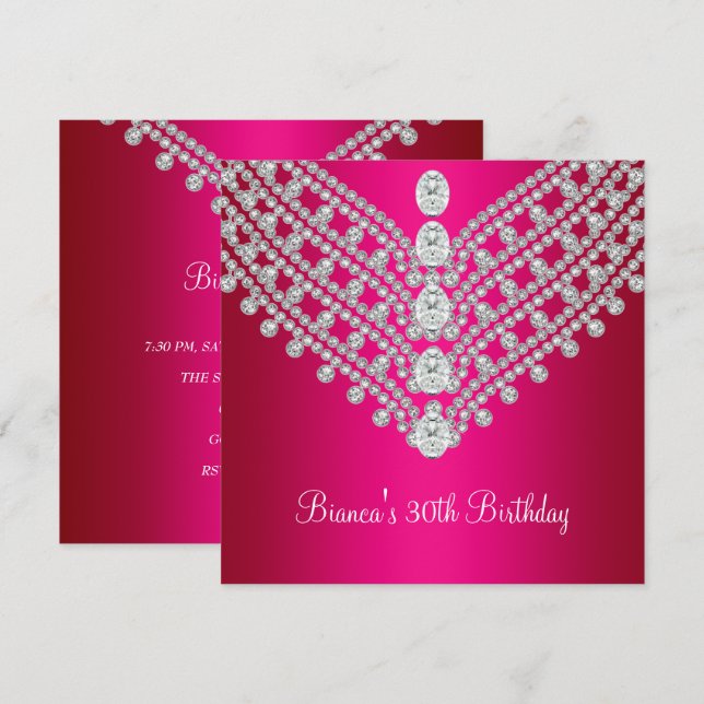 Invitación Cumpleaños 30 Fucsia Rosa Diamante Blanco Joya (Anverso / Reverso)