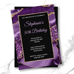 Invitación Cumpleaños 30 Glam Brillante Ágata Púrpura Dorado