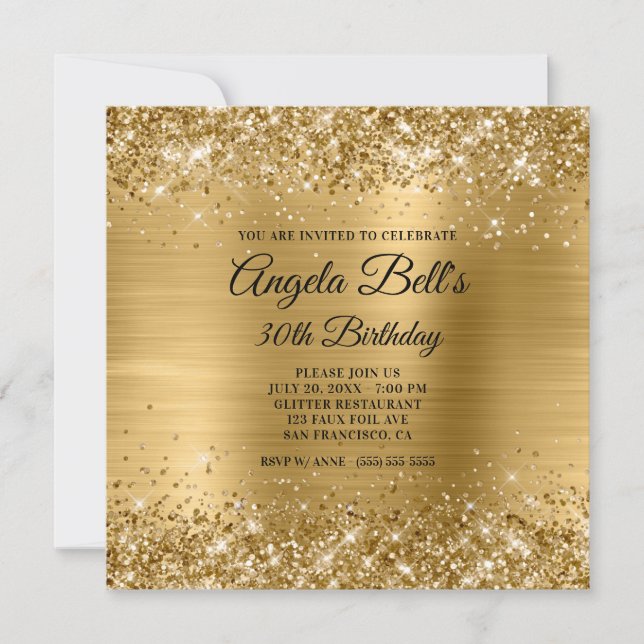 Invitación Cumpleaños 30 Glam Glittery Gold Brushed Foil (Anverso)
