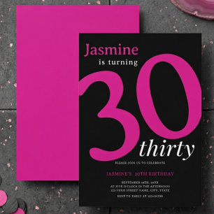 Invitación Cumpleaños 30 Glam Rosa Negro Chic 