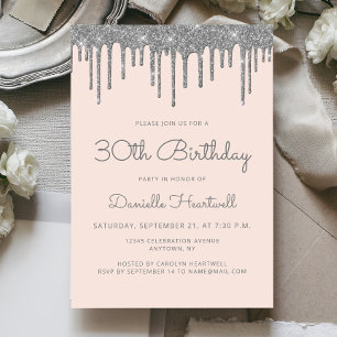 Invitación Cumpleaños 30 Glam Rubor Rosa Plata Brillo Goteo