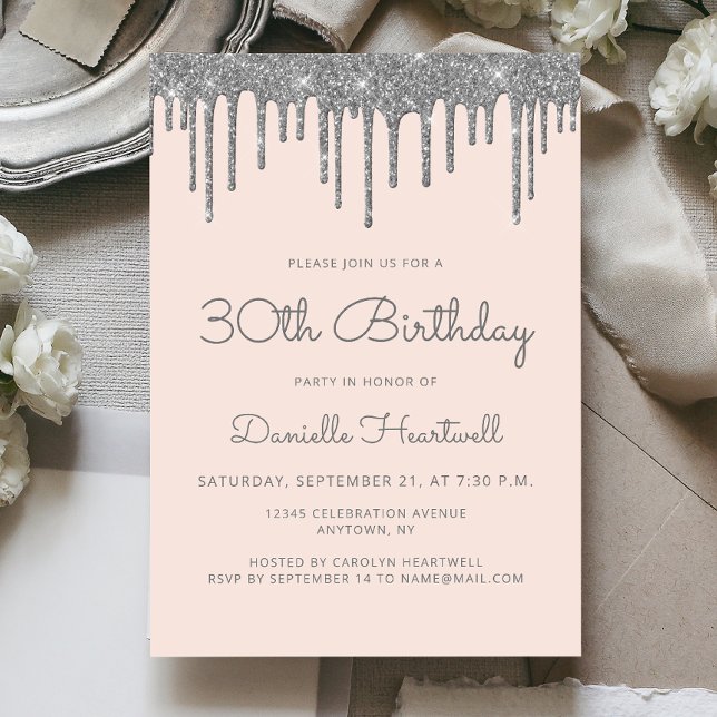 Invitación Cumpleaños 30 Glam Rubor Rosa Plata Brillo Goteo (Subido por el creador)