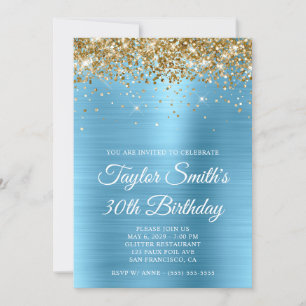 Invitación Cumpleaños 30 Glamorado Glitter Dorado Azul Bebé