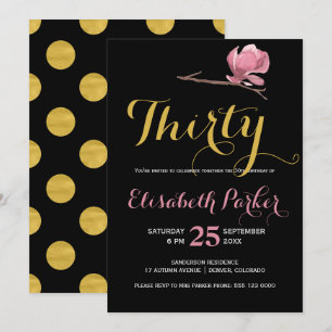 Invitación Cumpleaños 30 glamurosos flores lunares doradas y 