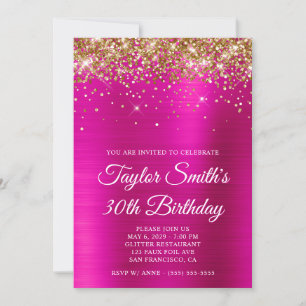 Invitación Cumpleaños 30 Glitter Dorado Rosa Fuerte