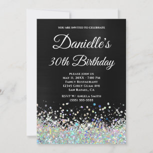 Invitación Cumpleaños 30 Glitter Holo Ombre Negro Femenino