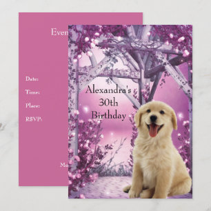 Invitación Cumpleaños 30 Golden Retriever Invierno Rosa