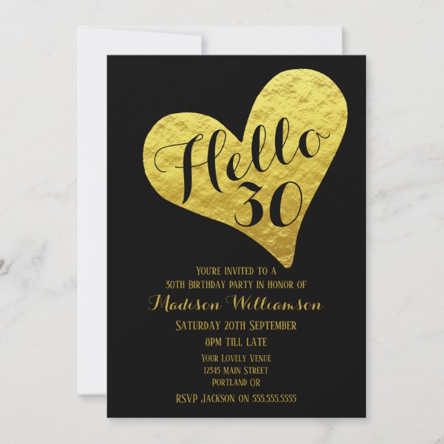 Invitación Cumpleaños 30 Hola 30 Corazón Negro y Dorado Falso (Anverso)