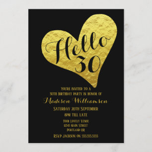 Invitación Cumpleaños 30 Hola 30 Corazón Negro y Dorado Falso