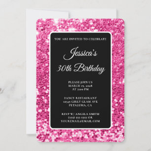 Invitación Cumpleaños 30 Hot Pink Chunky Glitter Negro Blanco
