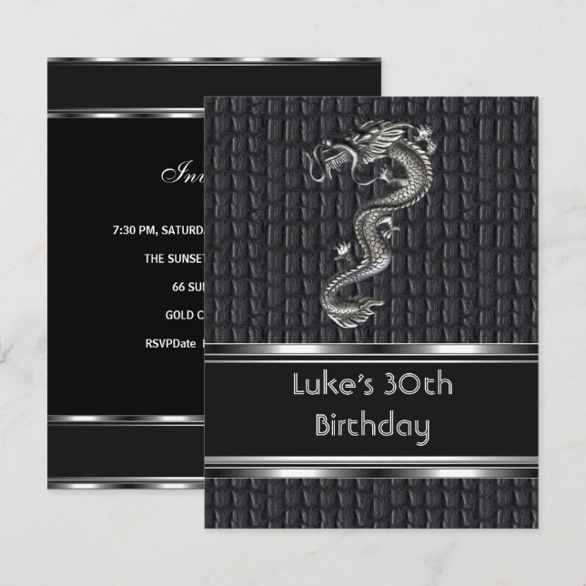 Invitación Cumpleaños 30 Leather Metal Plateado Hombres (Anverso / Reverso)