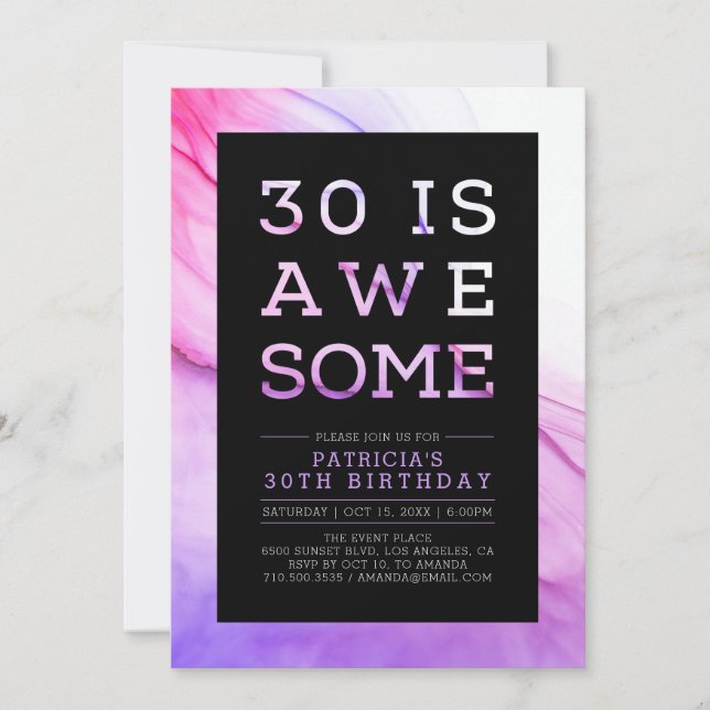 Invitación Cumpleaños 30 | Mármol y Tipografía Moderna Fiesta (Anverso)