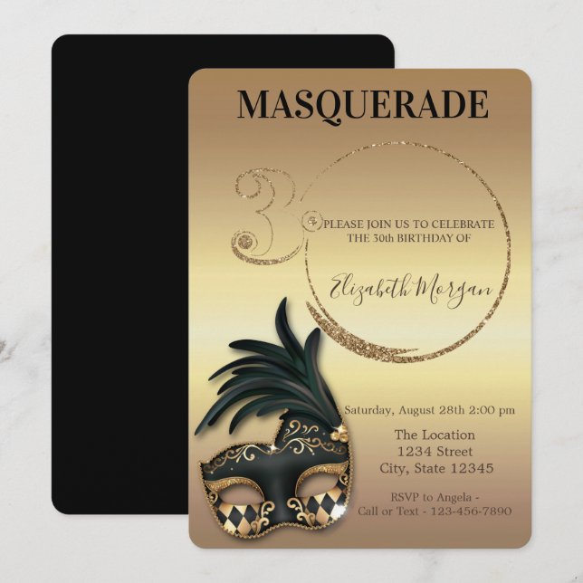 Invitación Cumpleaños 30 Masquerade Dorado Brillante (Anverso / Reverso)