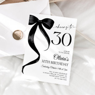 Invitación Cumpleaños 30 Moderno con Lazo Negro en Acuarela
