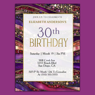 Invitación Cumpleaños 30 Moderno Morado Dorado Con Joyas Estr