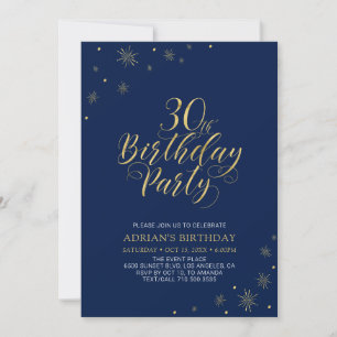 Invitación Cumpleaños 30 Moderno y Elegante Oro y Azul Mari
