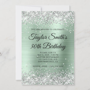 Invitación Cumpleaños 30 Monograma Plata Brillo Verde Menta P