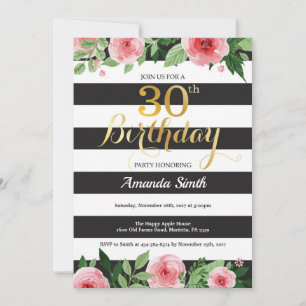 Invitación Cumpleaños 30 Mujeres. Floral Oro Negro