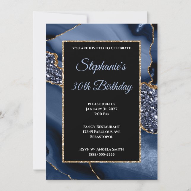 Invitación Cumpleaños 30 Navy Agate Gold Glitter Glam (Anverso)